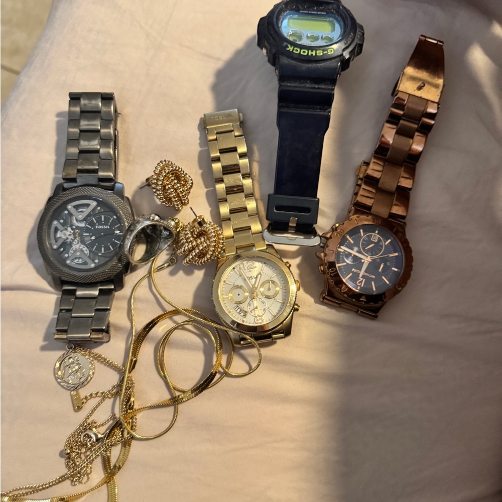 Gold and Silver watch, necklace, earrings ring Set